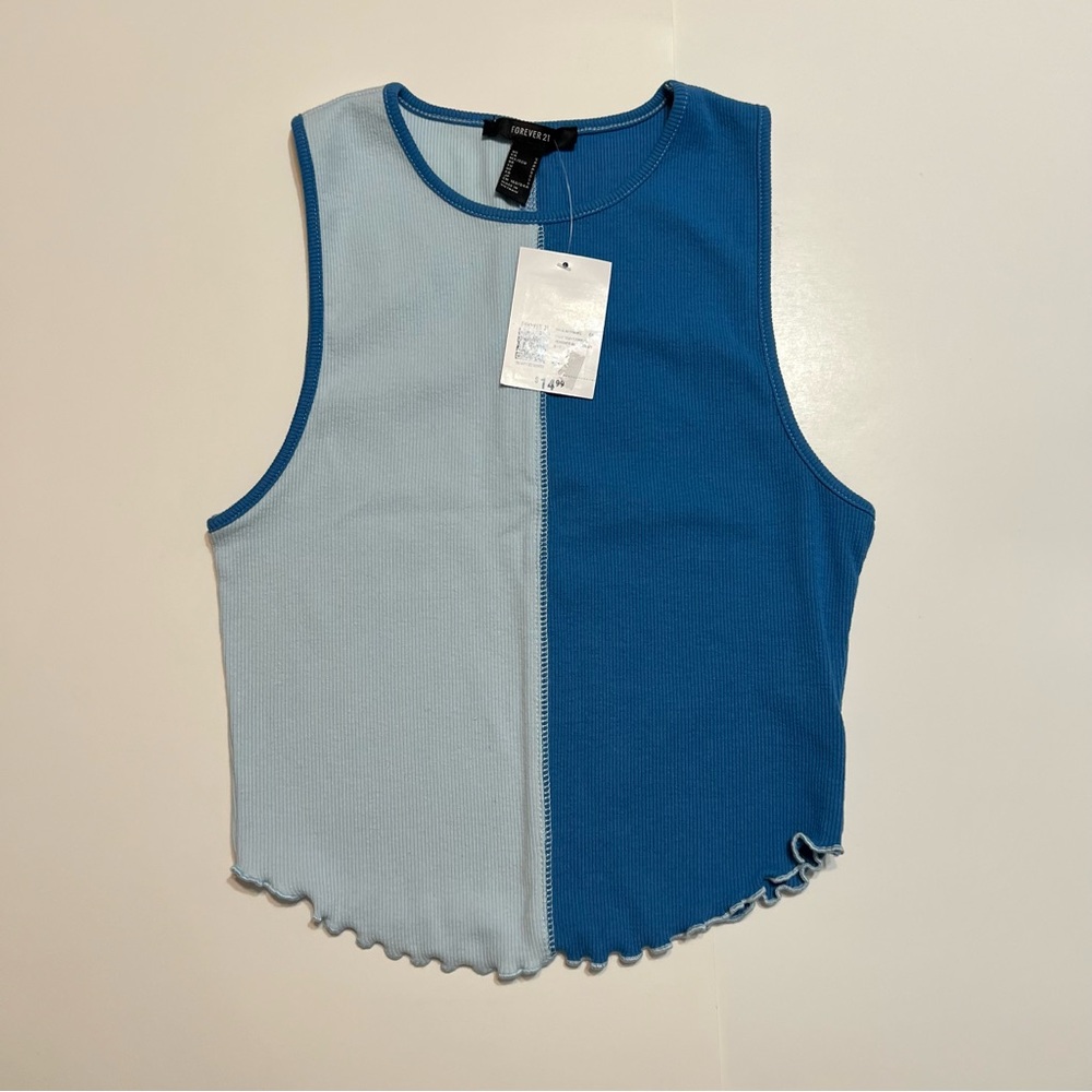 Forever 21 Colorblock Blue Tank Top Sleeveless Lettuce Trim – Size Small – NWT